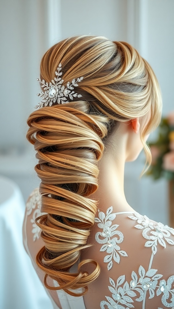 Back view of a bride's curly ponytail with a sparkling hair accessory