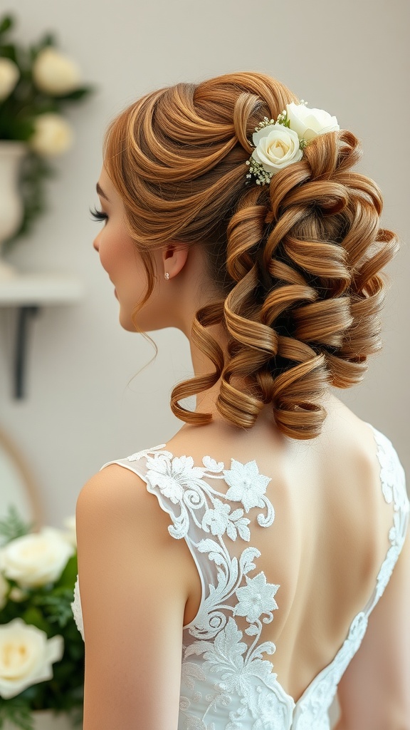 A bride with a curly ponytail decorated with white roses, showcasing a beautiful lace dress.