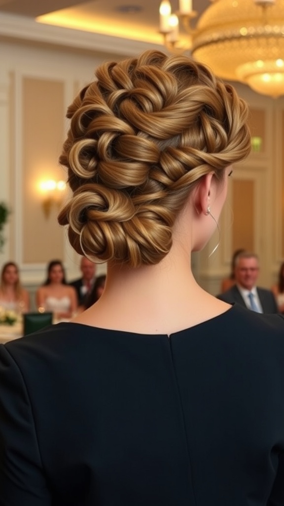 A woman with a curly updo hairstyle, showcasing intricate loops and twists, set against a backdrop of an elegant event.