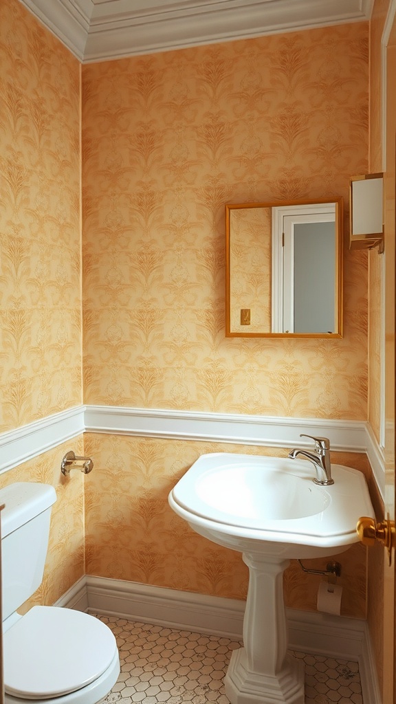 Guest bathroom featuring warm orange damask wallpaper with white trim and classic fixtures.
