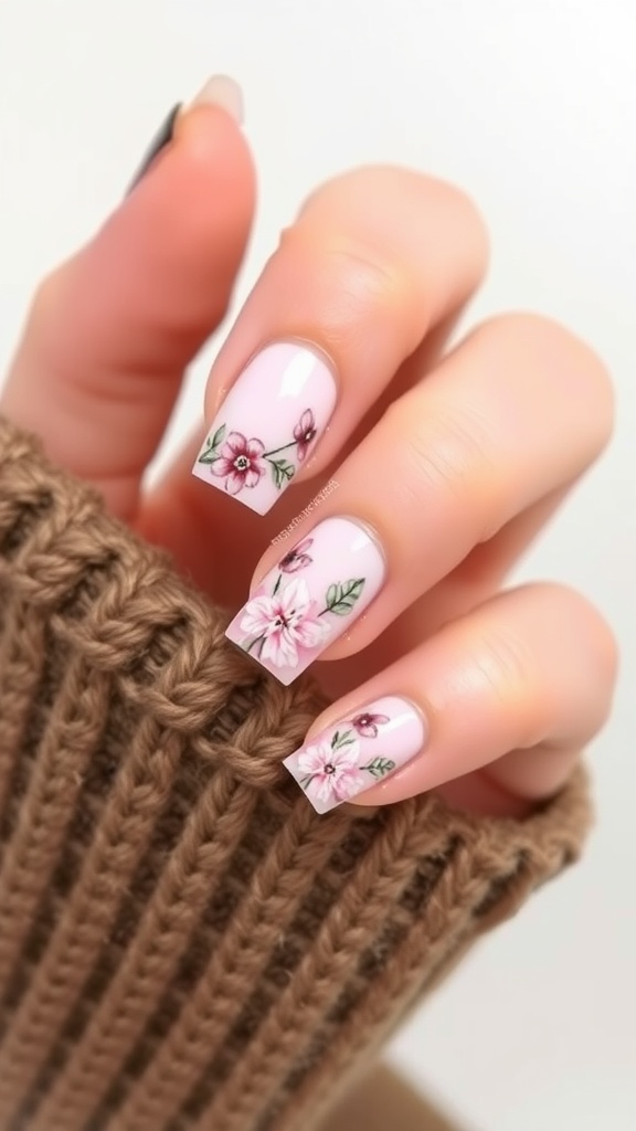 A close-up of short square acrylic nails with floral designs on a light pink background, held against a knitted brown fabric.