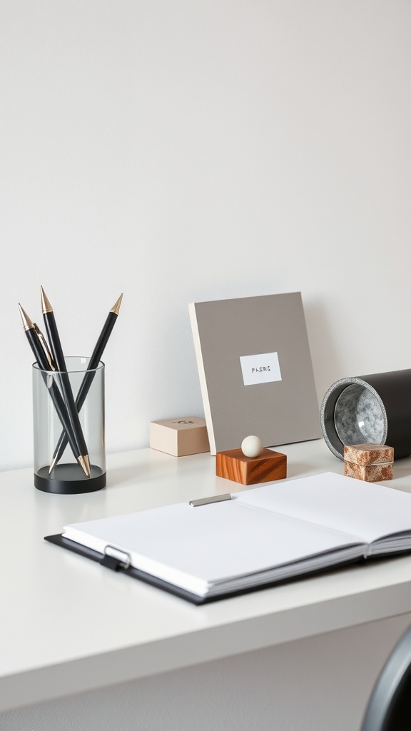 A stylish office desk featuring elegant accessories like pens, a notebook, and decorative blocks.