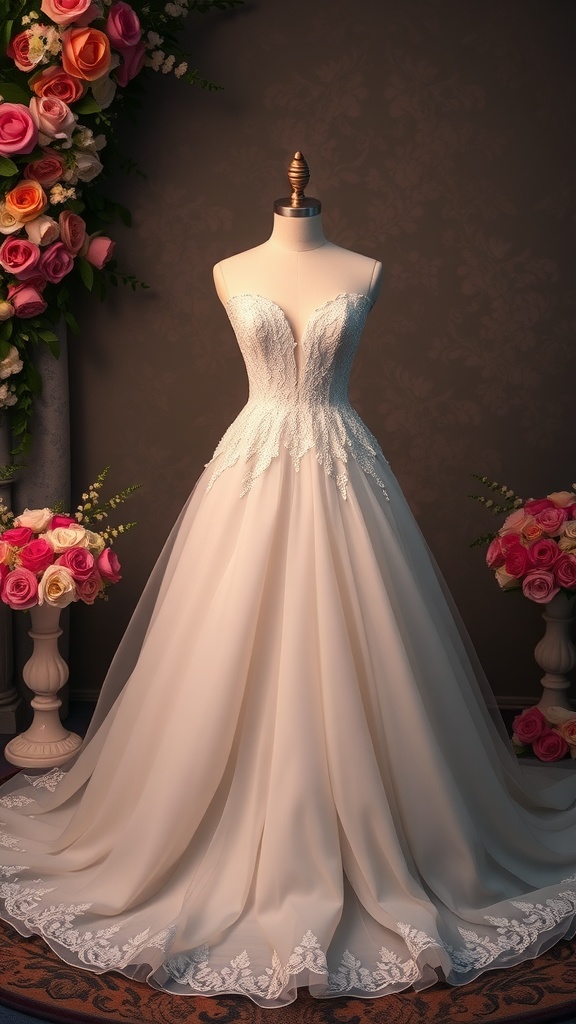 A stunning wedding dress displayed on a mannequin, featuring intricate lace details and a flowing skirt, surrounded by floral decorations.