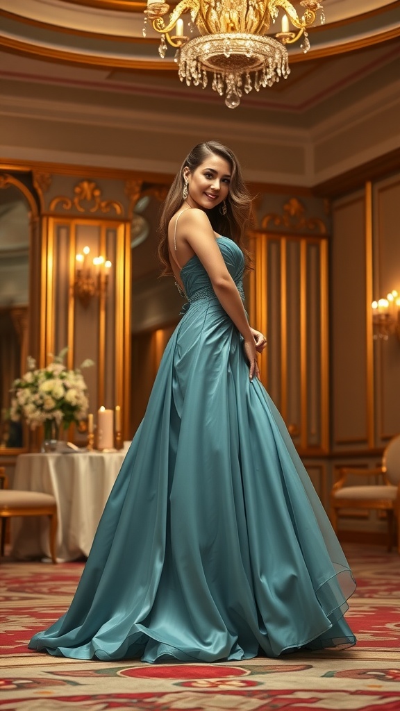 A woman wearing a beautiful teal evening gown, standing elegantly in a luxurious ballroom.
