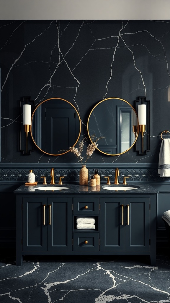 A black bathroom vanity with double sinks, gold fixtures, and stylish mirrors, set against a dark marble wall.
