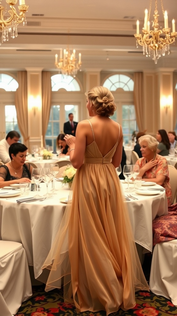 A woman wearing a flowing gown at a luncheon event in a country club setting.