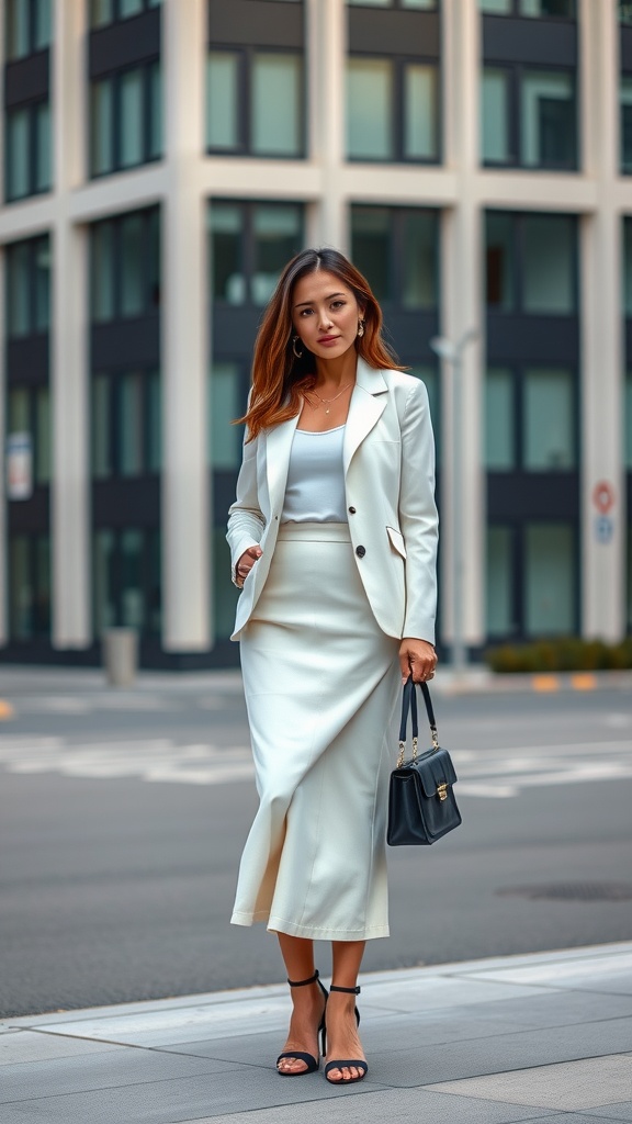 A woman wearing a white midi skirt and matching blazer, standing confidently on the street.