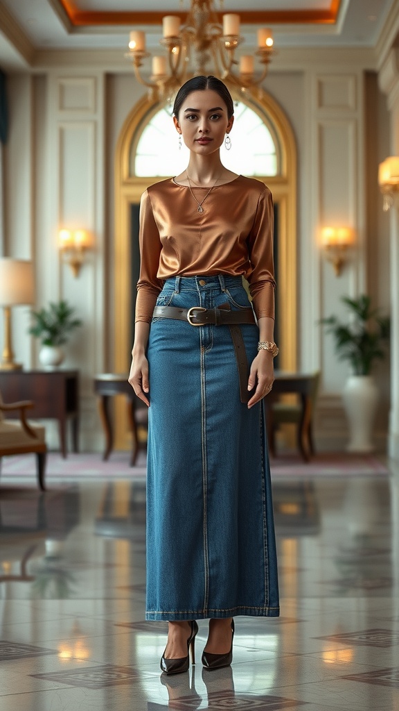 A model wearing a silk top and a long jean skirt, standing in a stylish interior