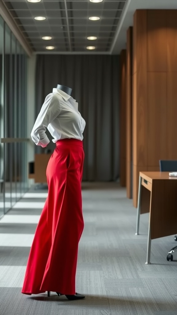 A red maxi skirt paired with a white button-up shirt displayed on a mannequin in a modern setting.