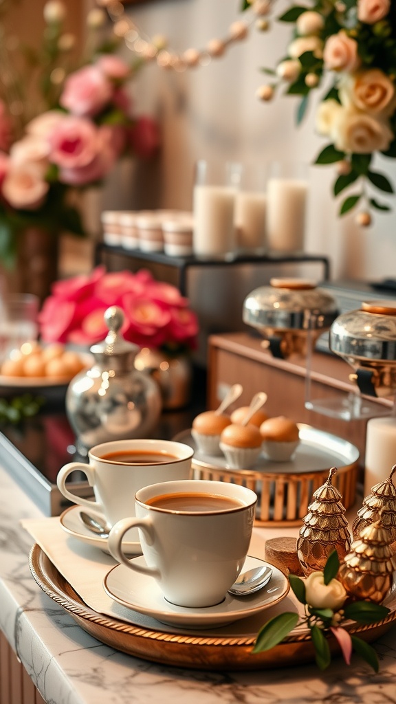 A beautifully arranged espresso station with coffee cups, floral decorations, and mini desserts.