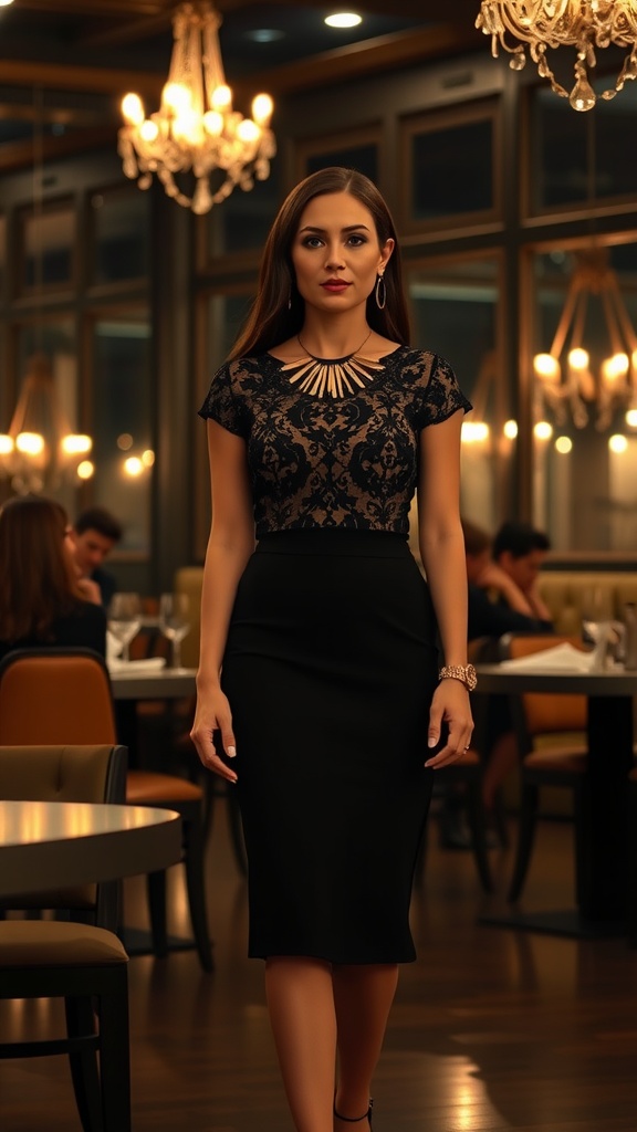 A woman in a black lace top and pencil skirt walking confidently in an elegant restaurant setting