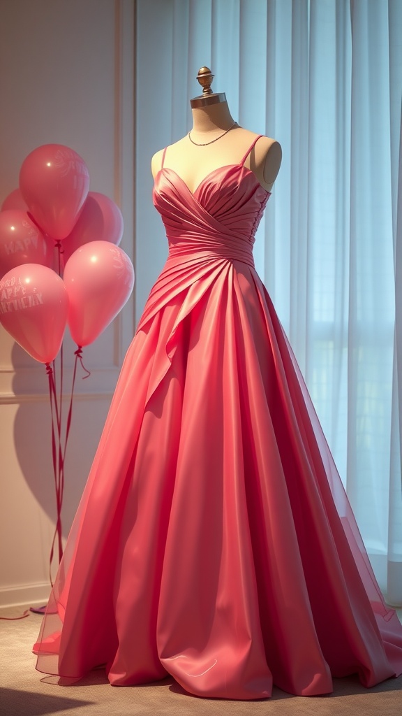 A pink evening dress displayed on a mannequin, with pink balloons in the background.