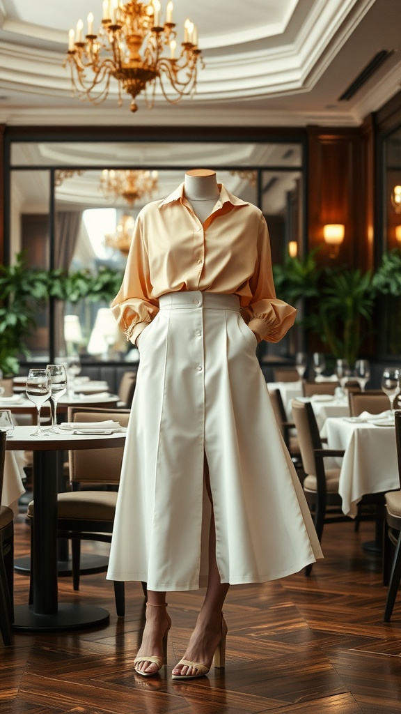 An elegant outfit featuring a white midi skirt and a silk blouse, showcased in a stylish dining setting.