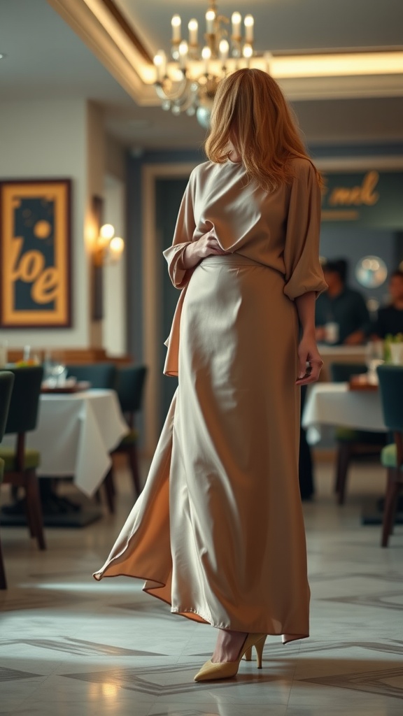 A woman in a satin maxi skirt and silk blouse, standing gracefully in a well-lit restaurant.
