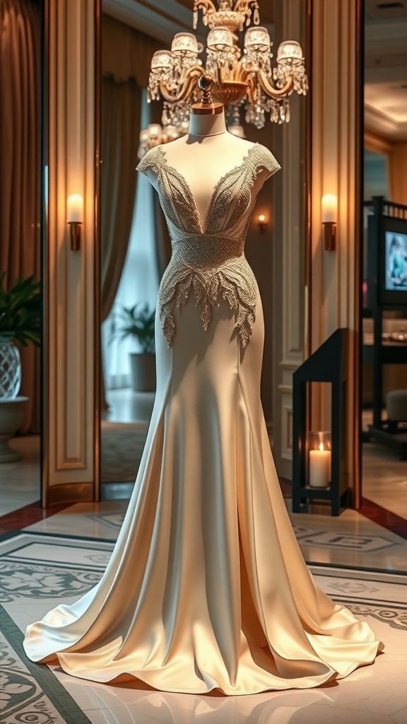 A stunning evening gown displayed elegantly against a chic backdrop.