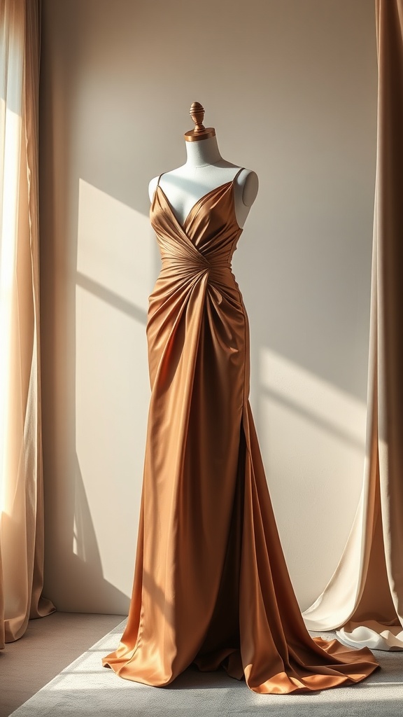 A beautiful evening gown displayed on a mannequin with soft draping and a warm color.