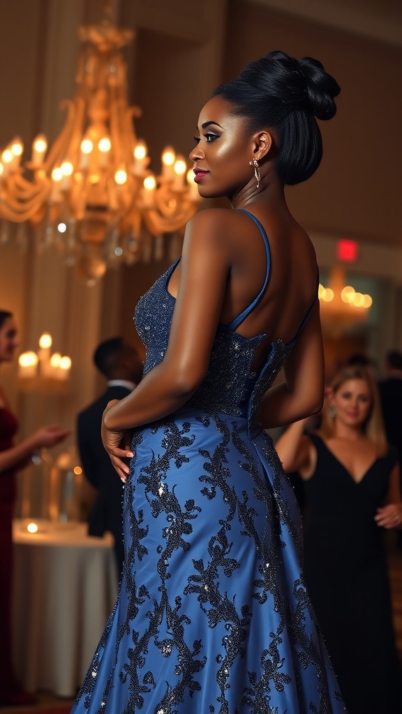 A black woman in a blue evening gown with intricate patterns, styled elegantly with a chic updo and statement earrings.