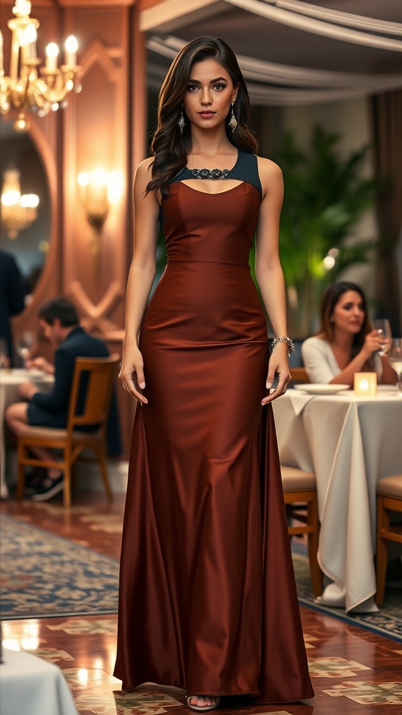 An elegant outfit featuring a brown maxi skirt paired with a fitted top and accessories, suitable for an evening event.