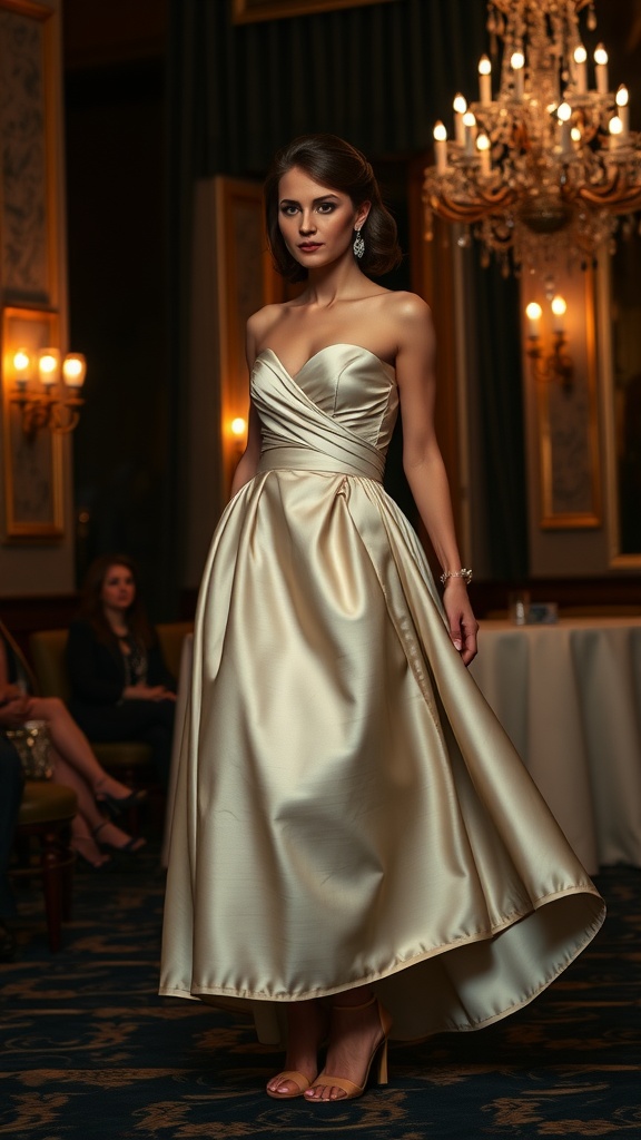 A woman dressed in a flowing midi skirt with a sweetheart neckline in an elegant evening setting
