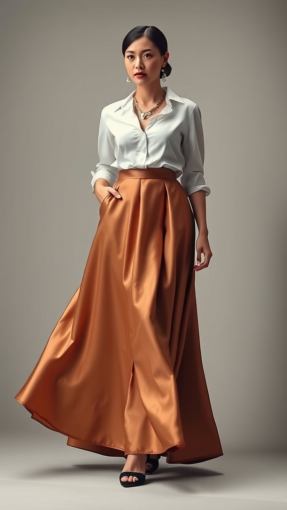 A woman wearing a silk maxi skirt and a white shirt, showcasing an elegant evening outfit.
