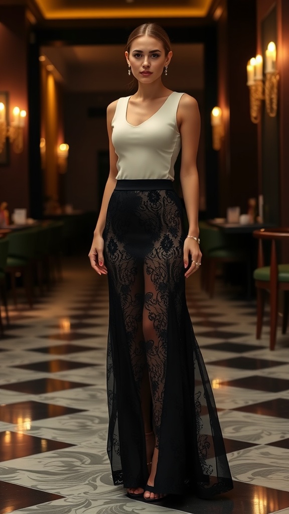 A model wearing a cream top and a black lace maxi skirt, standing in an elegant restaurant setting.