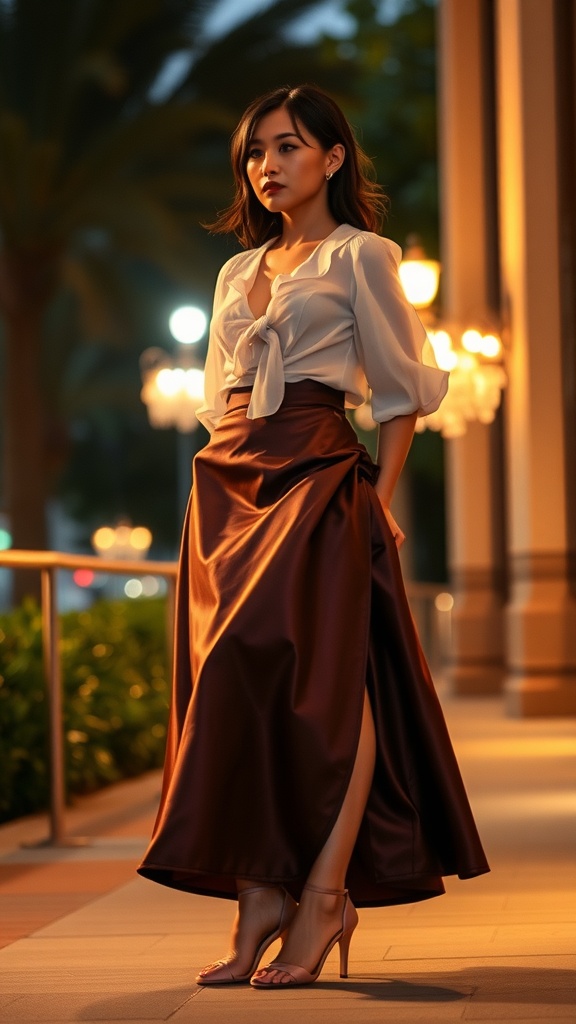 A woman wearing a satin skirt and a white top, standing in an elegantly lit setting.