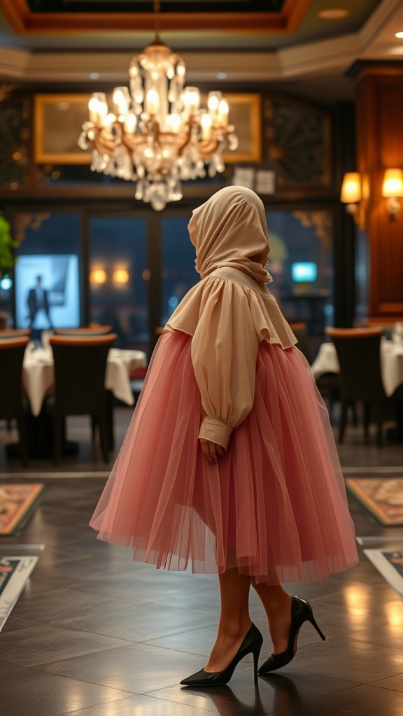 A woman in a pink tulle skirt and a stylish top stands elegantly in a restaurant with a chandelier overhead.