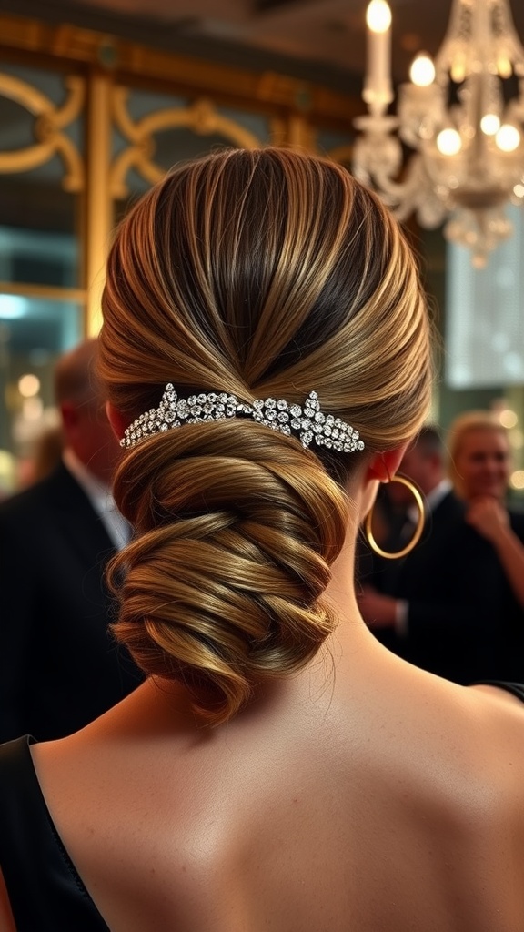 Elegant evening ponytail hairstyle with a sparkling hair accessory, showcasing a smooth and chic look.