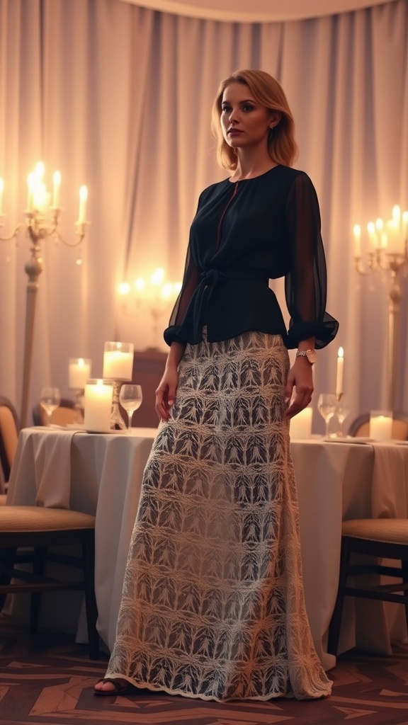 Model in crochet maxi skirt and fitted top, elegant evening setting with candlelight.
