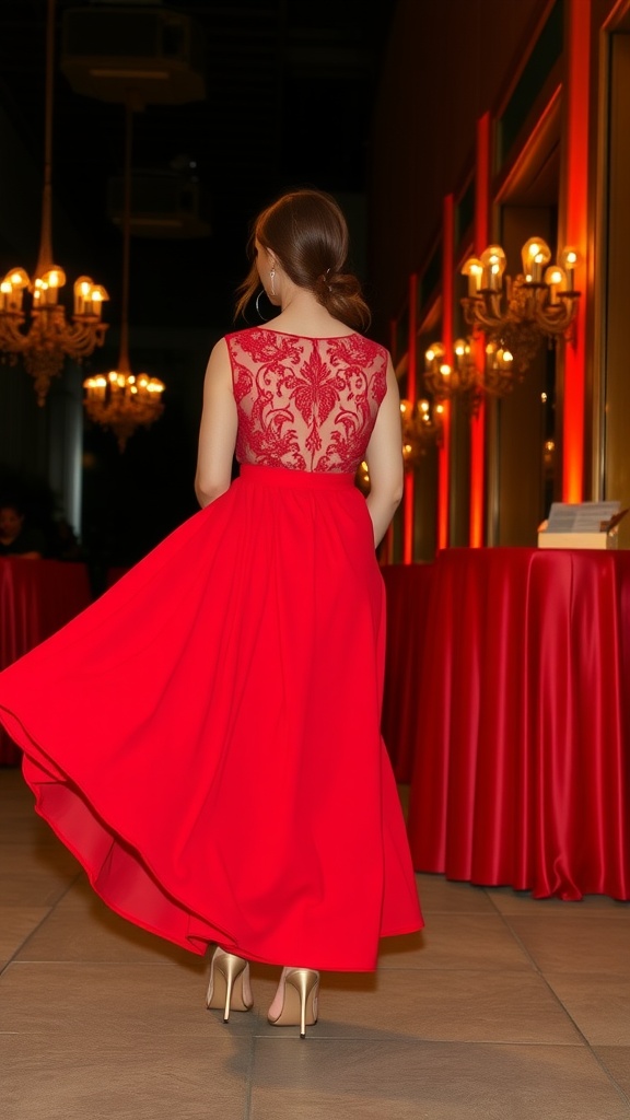 A woman wearing a red maxi skirt and a lace top, showcasing a beautiful evening look.