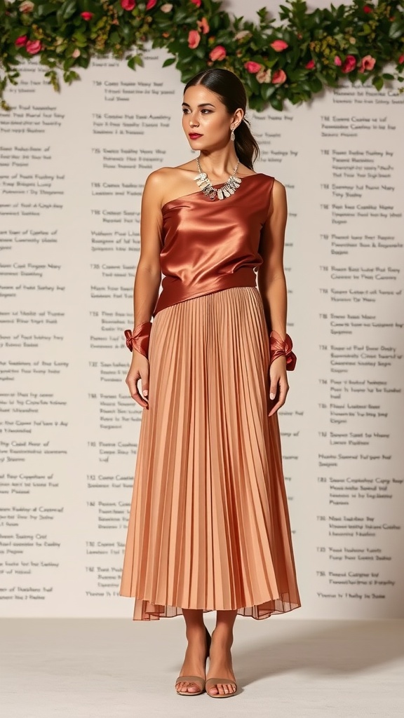 A woman wearing a one-shoulder silk top and a pleated midi skirt, complemented by accessories.