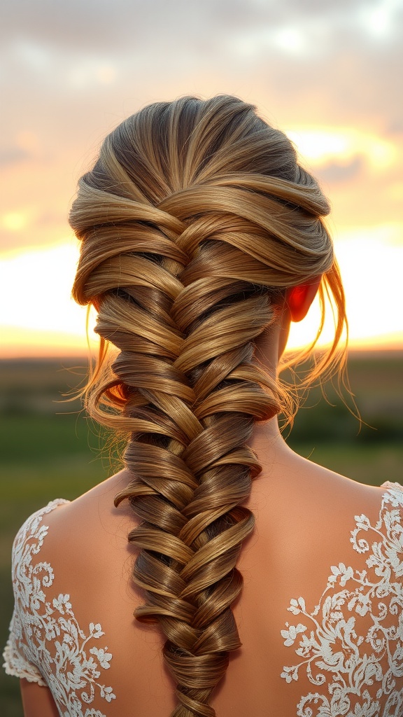 A close-up of a fishtail braid hairstyle, featuring soft waves and highlights, perfect for a romantic wedding look.