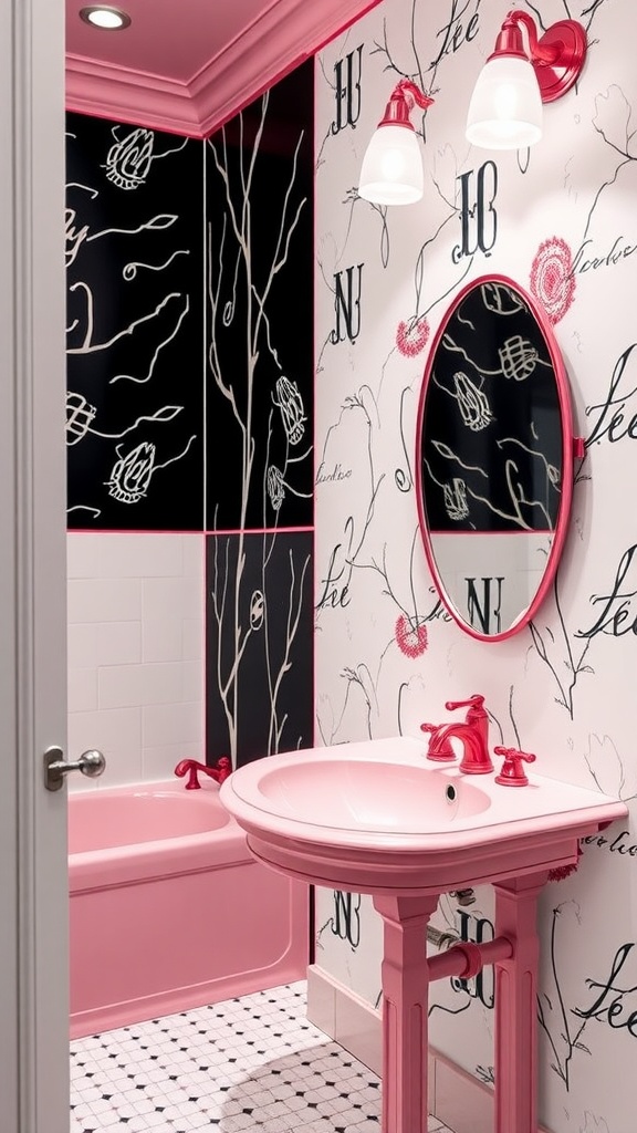 A stylish pink and black bathroom with elegant fixtures and floral accents.