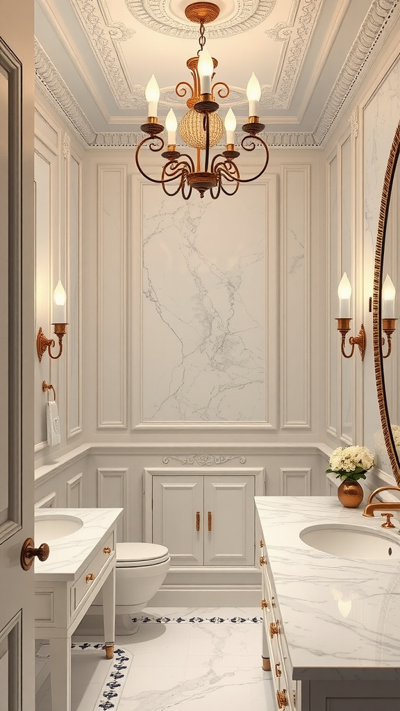Elegant half bathroom with marble finishes, chandelier lighting, and stylish cabinetry
