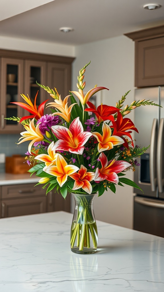 Vibrant flower arrangement in a vase on a kitchen island