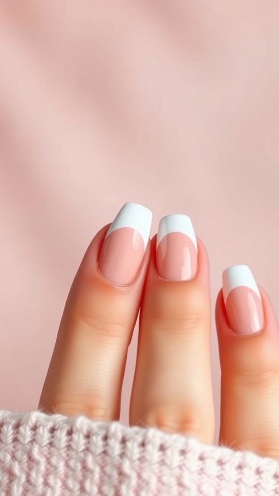 A close-up of elegant French almond nails featuring a soft pink base and white tips.