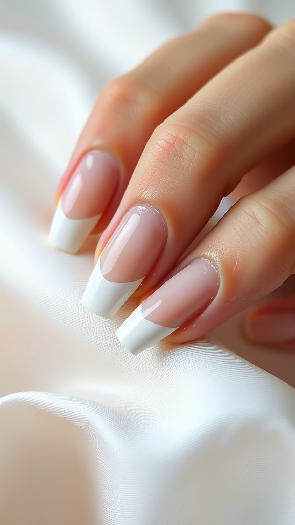 Close-up of elegant white almond nails with French tips on a soft white fabric background.