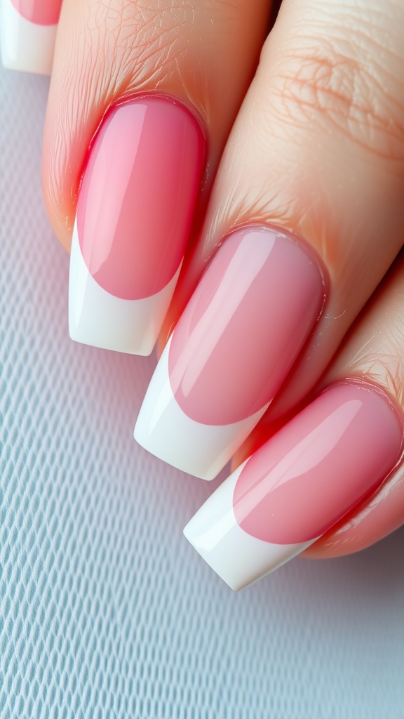 Close-up of elegantly designed nails with a pink and white French tip.