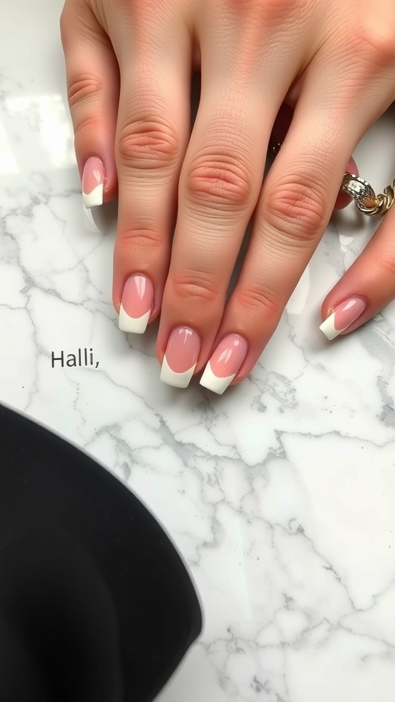 Nails featuring elegant French tips with a unique curved design, showcasing soft pink and white polish.