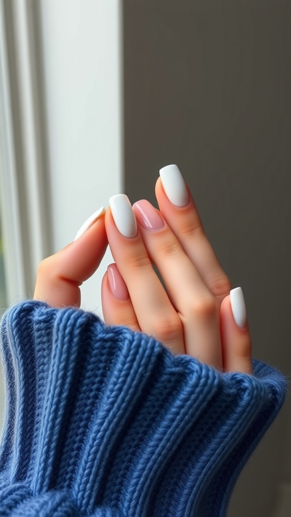 A close-up of elegantly manicured nails featuring a classic French tip design with soft pink and white colors, set against a cozy blue sweater.