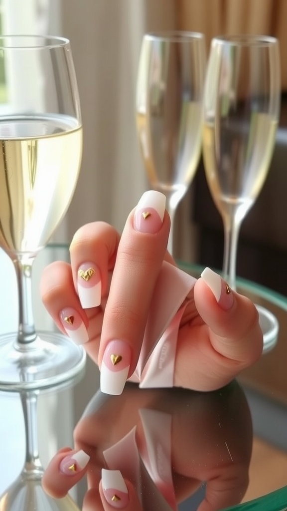 A close-up of a hand with elegant French tip nails featuring gold heart accents, set against a backdrop of champagne glasses.