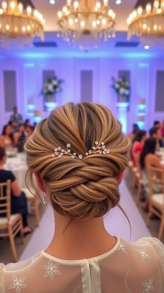 A close-up of a woman's back view with a French Twist hairstyle, featuring elegant hair accessories, set in a wedding venue.