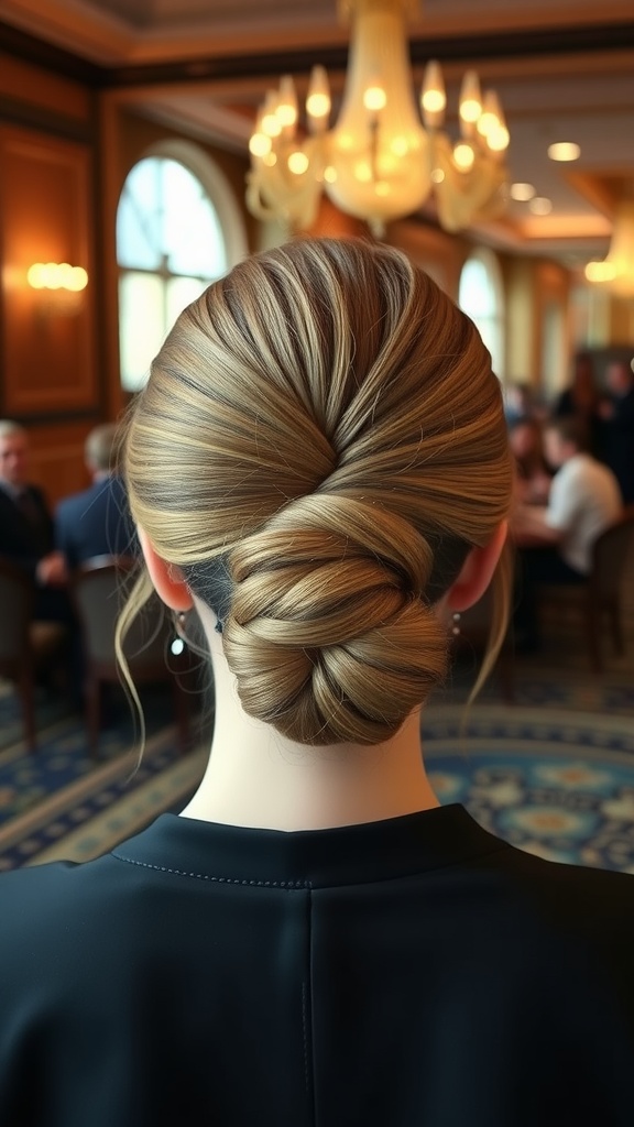 A close-up view of a formal French twist hairstyle, elegantly styled, set against a classy background.