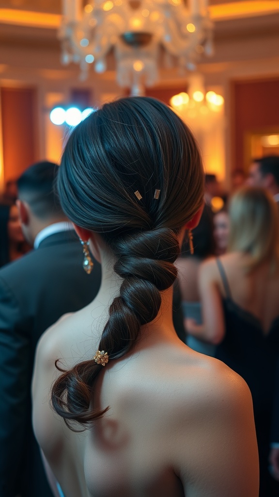 A woman showcasing an elegant frontal ponytail hairstyle adorned with gold clips at a formal event.