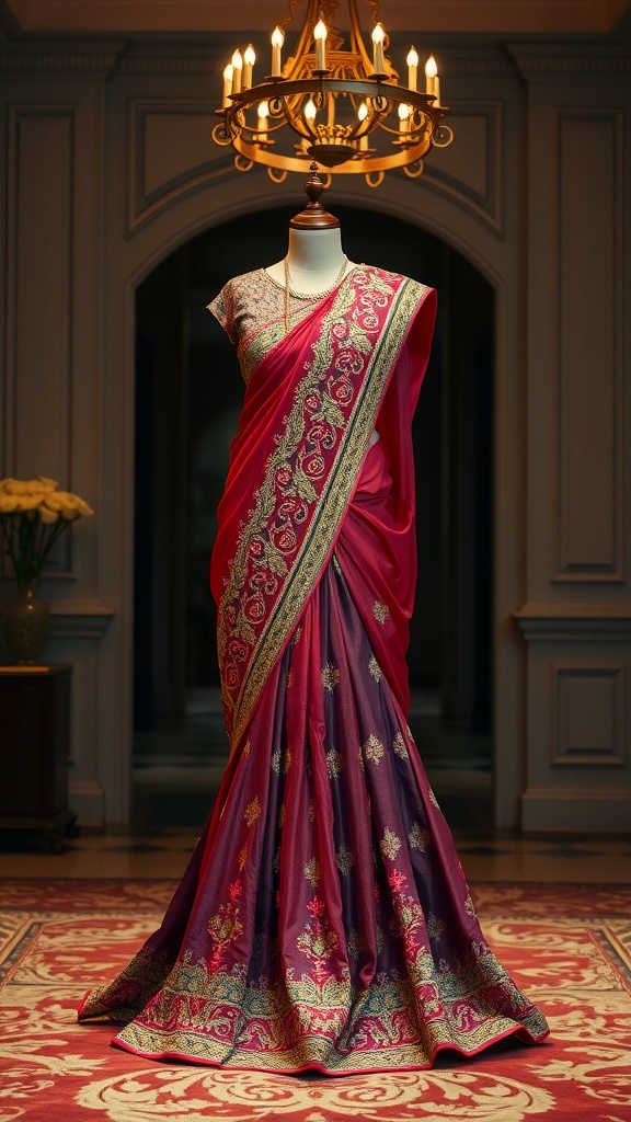 A stunning saree gown in red and purple with intricate embroidery, displayed under a chandelier.