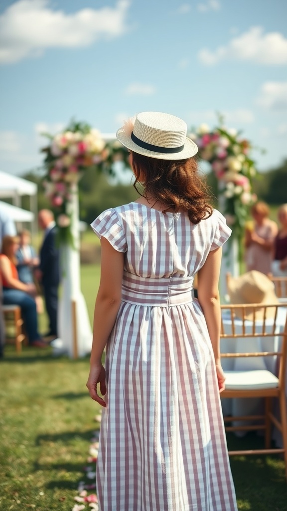 A woman in a gingham dress with a straw hat standing at a summer wedding venue.