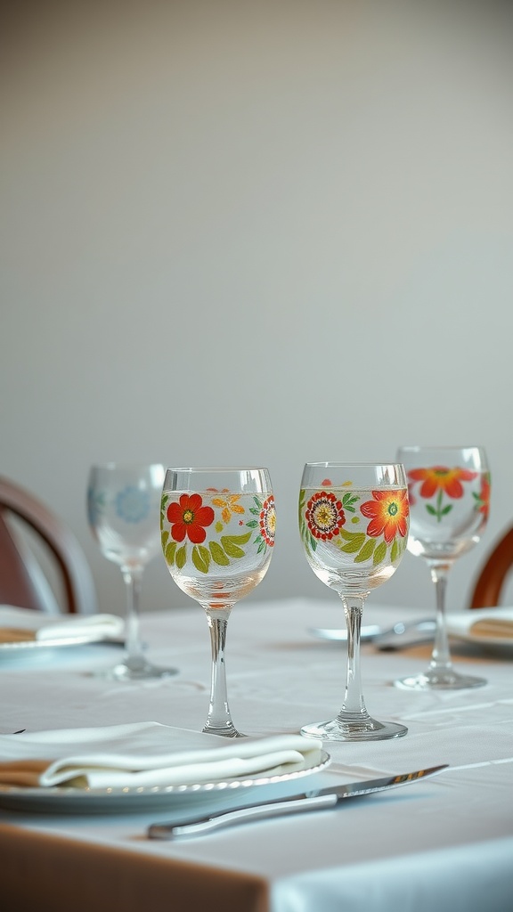 Colorful glassware with floral patterns on a dining table