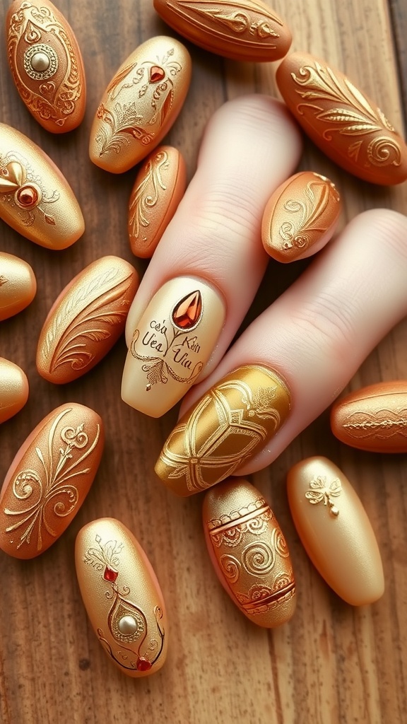 A display of various gold almond nail designs with intricate patterns and embellishments.