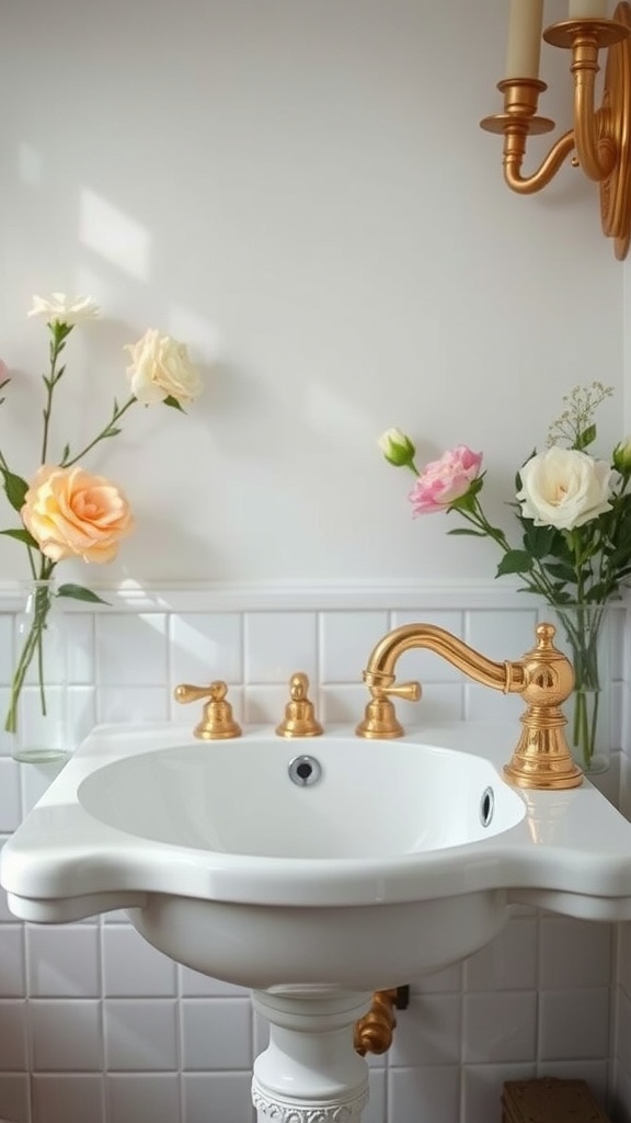 A vintage bathroom sink with elegant gold fixtures and fresh flowers