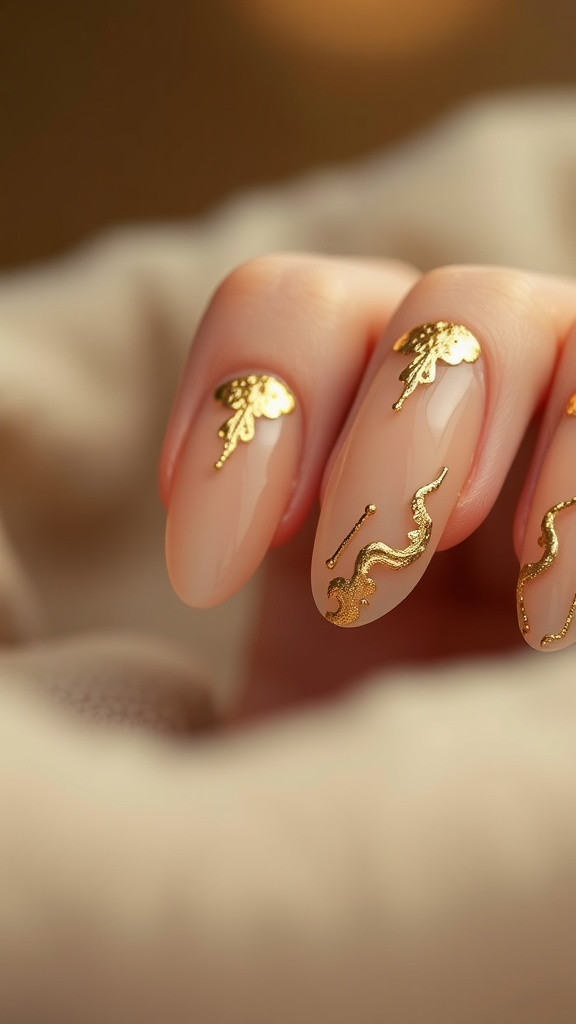 Nails with gold foil accents on a neutral background.